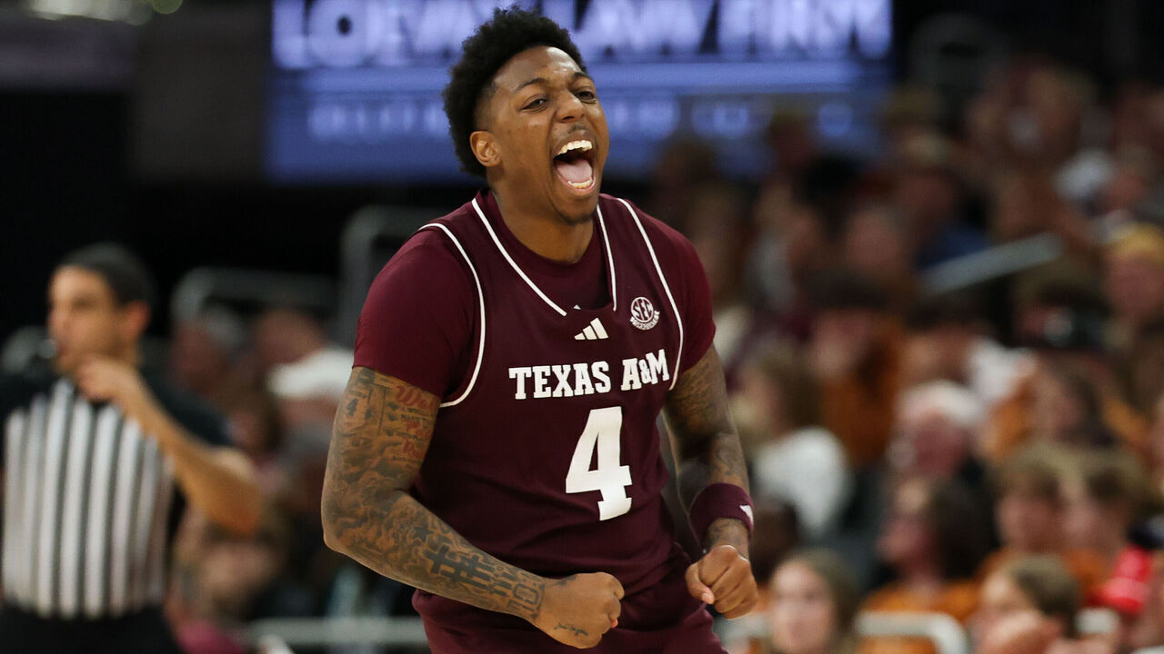 AUSTIN, TX - JANUARY 25: Texas A&M Aggies guard Wade Taylor IV (4) screams after scoring a three point shot during the SEC college basketball game between Texas Longhorns and Texas A&M Aggies on January 25, 2025, at Moody Center in Austin, Texas.