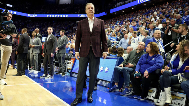 LEXINGTON, KENTUCKY - FEBRUARY 01: John Calipari the head coach of the Arkansa Razorbacks stands on the sideline before the start of the game against the Kentucky Wildcats at Rupp Arena on February 01, 2025 in Lexington, Kentucky. It is the first game back in Rupp Arena after leaving Kentucky for Arkansa after last season.
