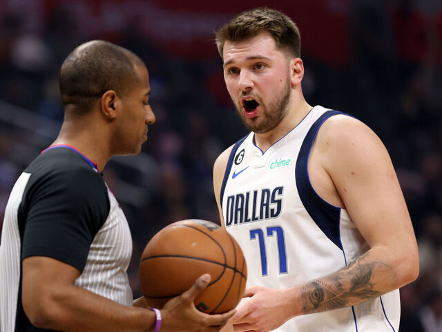 LOS ANGELES, CALIFORNIA - JANUARY 10: Luka Doncic #77 of the Dallas Mavericks argues with referee John Butler #30 during the first quarter against the Los Angeles Clippers at Crypto.com Arena on January 10, 2023 in Los Angeles, California.
