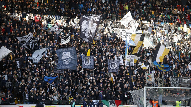 Udinese's supporters attend the Italian Serie A Enilive soccer championship football match between Udinese Calcio and Venezia FC at Bluenergy Stadium in Udine, Italy, on February 1, 2025.