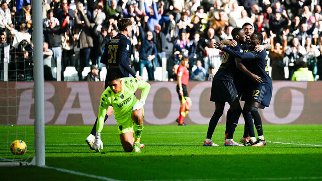 TURIN, ITALY - FEBRUARY 02: Randal Kolo Muani of Juventus celebrates after scoring his team's second goal with teammates Nicolas Gonzalez and Timothy Weah during the Serie A match between Juventus and Empoli at Juventus Stadium on February 02, 2025 in Turin, Italy.