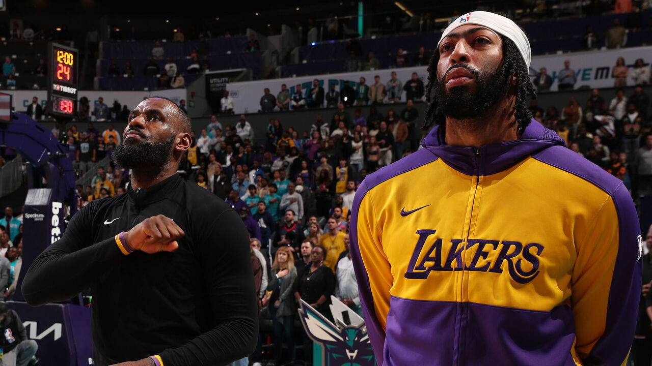 CHARLOTTE, NC - JANUARY 27: LeBron James #23 and Anthony Davis #3 of the Los Angeles Lakers before the game against the Charlotte Hornets on January 27, 2025 at Spectrum Center in Charlotte, North Carolina. Mandatory Copyright Notice: Copyright 2025 NBAE