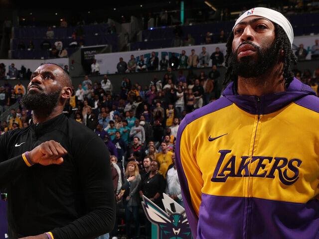 CHARLOTTE, NC - JANUARY 27: LeBron James #23 and Anthony Davis #3 of the Los Angeles Lakers before the game against the Charlotte Hornets on January 27, 2025 at Spectrum Center in Charlotte, North Carolina. Mandatory Copyright Notice: Copyright 2025 NBAE