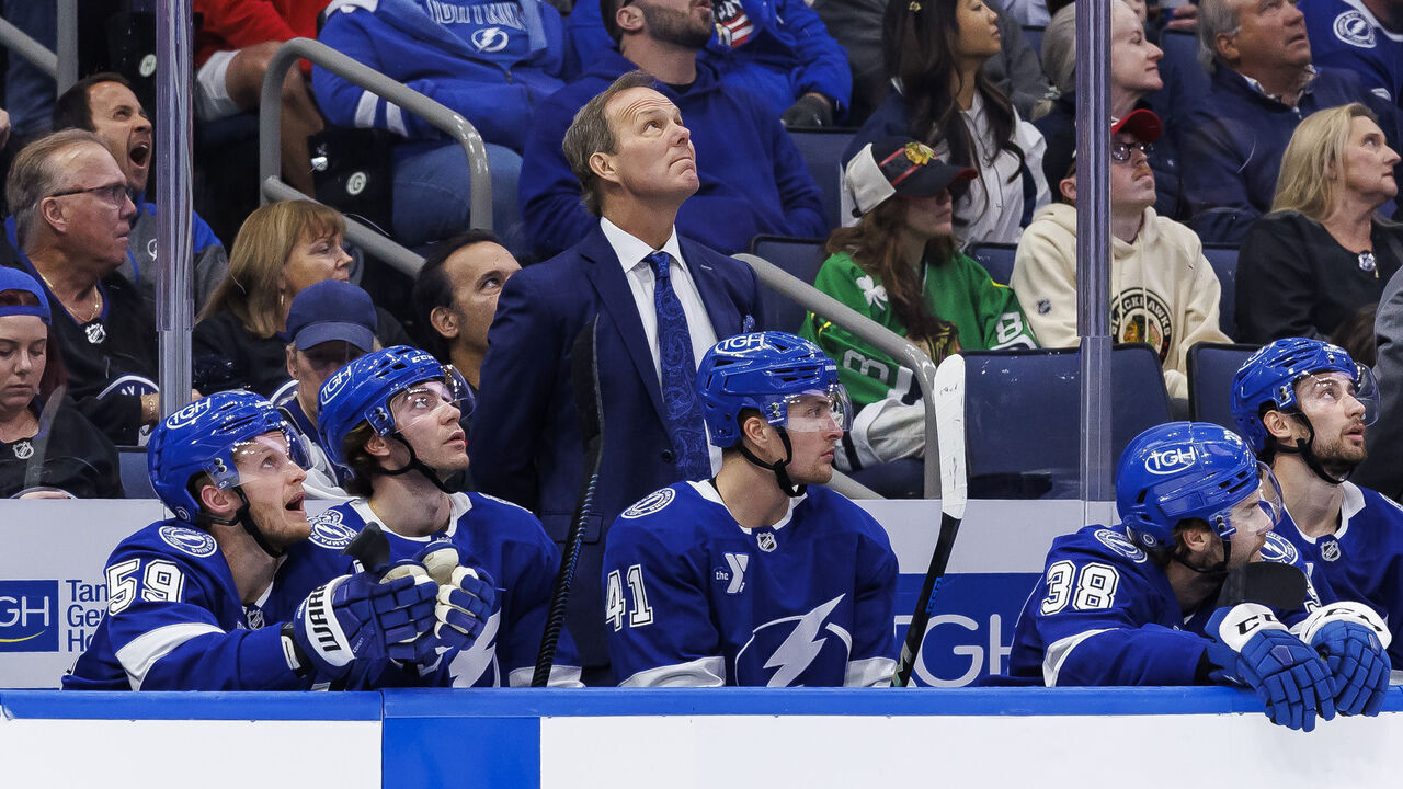 TAMPA, FL - JANUARY 28: Head Coach Jon Cooper of the Tampa Bay Lightning against the Chicago Blackhawks at Amalie Arena on January 28, 2025 in Tampa, Florida.