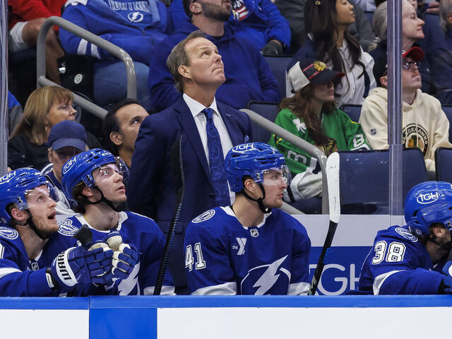 TAMPA, FL - JANUARY 28: Head Coach Jon Cooper of the Tampa Bay Lightning against the Chicago Blackhawks at Amalie Arena on January 28, 2025 in Tampa, Florida.