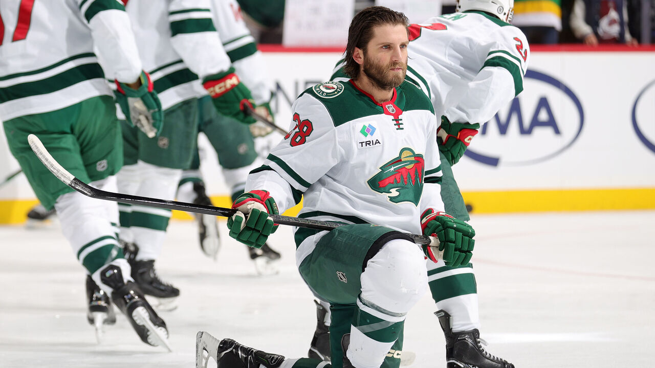 DENVER, COLORADO - JANUARY 20: Ryan Hartman #38 of the Minnesota Wild stretches prior to the game against the Colorado Avalanche at Ball Arena on January 20, 2025 in Denver, Colorado.
