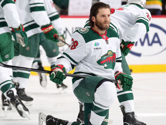 DENVER, COLORADO - JANUARY 20: Ryan Hartman #38 of the Minnesota Wild stretches prior to the game against the Colorado Avalanche at Ball Arena on January 20, 2025 in Denver, Colorado.