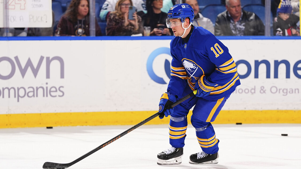 BUFFALO, NEW YORK - JANUARY 11: Henri Jokiharju #10 of the Buffalo Sabres warms up before the game against the Seattle Kraken on January 11, 2025 at KeyBank Center in Buffalo, New York.