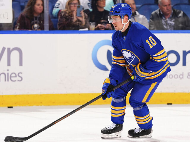 BUFFALO, NEW YORK - JANUARY 11: Henri Jokiharju #10 of the Buffalo Sabres warms up before the game against the Seattle Kraken on January 11, 2025 at KeyBank Center in Buffalo, New York.
