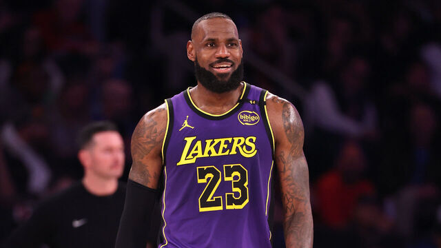 NEW YORK, NEW YORK - FEBRUARY 01: LeBron James #23 of the Los Angeles Lakers in action against the New York Knicks during their game at Madison Square Garden on February 01, 2025 in New York City. User expressly acknowledges and agrees that, by downloading and or using this photograph, User is consenting to the terms and conditions of the Getty Images License Agreement.