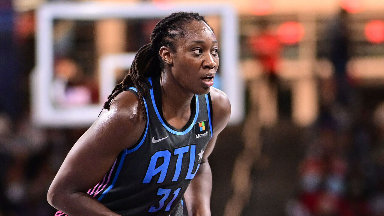 ATLANTA, GA - September 13: Tina Charles #31 of the Atlanta Dream handles the ball during the game Washington Mystics on September 13, 2024 at Gateway Center Arena at College Park in Atlanta, Georgia. Mandatory Copyright Notice: Copyright 2024 NBAE