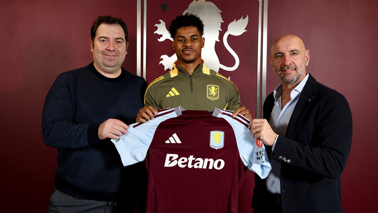 BIRMINGHAM, ENGLAND - FEBRUARY 02: Marcus Rashford of Aston Villa signs on loan for Aston Villa pictured with Damian Vidagany and Monchi at Bodymoor Heath training ground on February 02, 2025 in Birmingham, England.