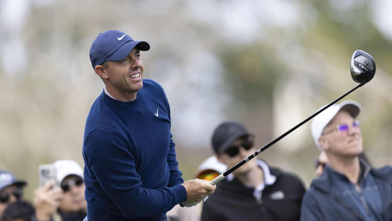 PEBBLE BEACH, CALIFORNIA - FEBRUARY 2: Rory McIlroy of Northern Ireland tees off on hole #2 during the final round of the AT&T Pebble Beach Pro-Am 2025 at Pebble Beach Golf Links on February 2, 2025 in Pebble Beach, California.
