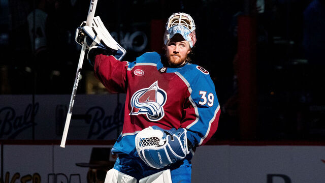DENVER, COLORADO - FEBRUARY 02: Mackenzie Blackwood #39 of the Colorado Avalanche skates in the spotlight as he is recognized as the first star of the game after helping the Avalanche defeat the Philadelphia Flyers 2-0 at Ball Arena on February 02, 2025 in Denver, Colorado.