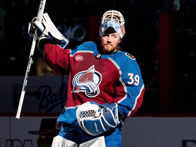 DENVER, COLORADO - FEBRUARY 02: Mackenzie Blackwood #39 of the Colorado Avalanche skates in the spotlight as he is recognized as the first star of the game after helping the Avalanche defeat the Philadelphia Flyers 2-0 at Ball Arena on February 02, 2025 in Denver, Colorado.