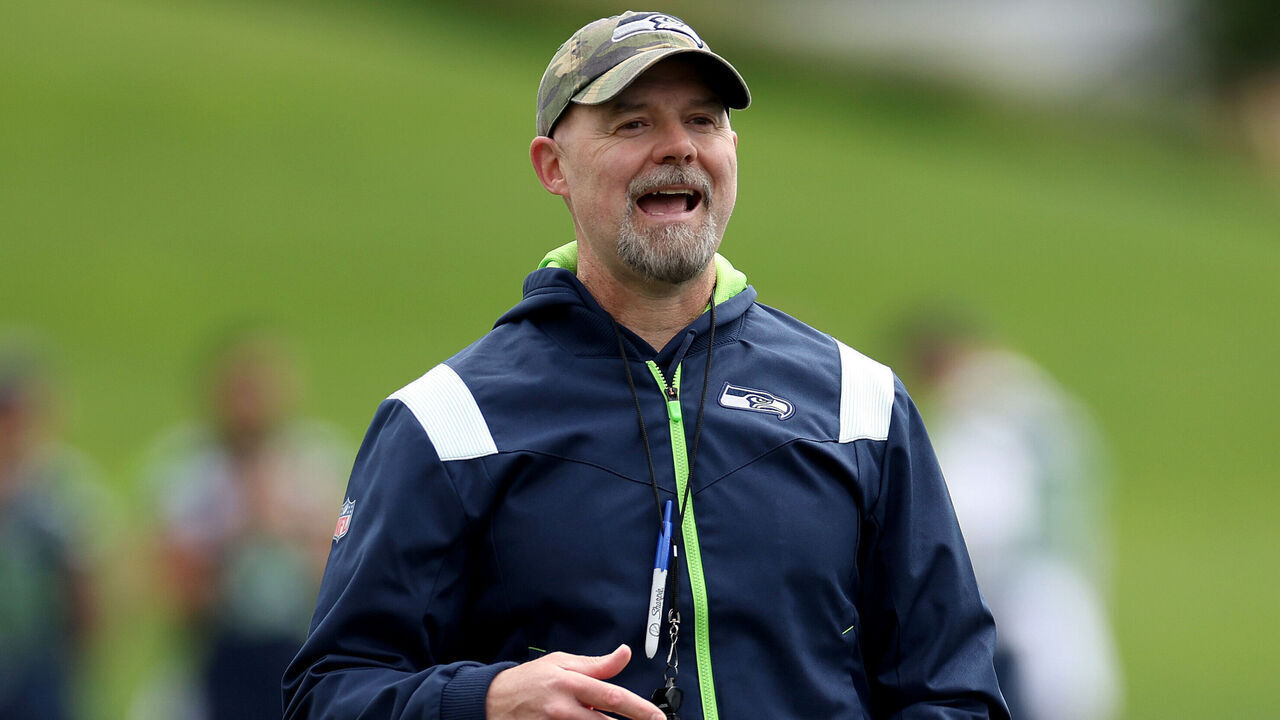 RENTON, WASHINGTON - JUNE 03: Offensive coordinator Ryan Grubb of the Seattle Seahawks looks on during practice at Virginia Mason Athletic Center on June 03, 2024 in Renton, Washington.