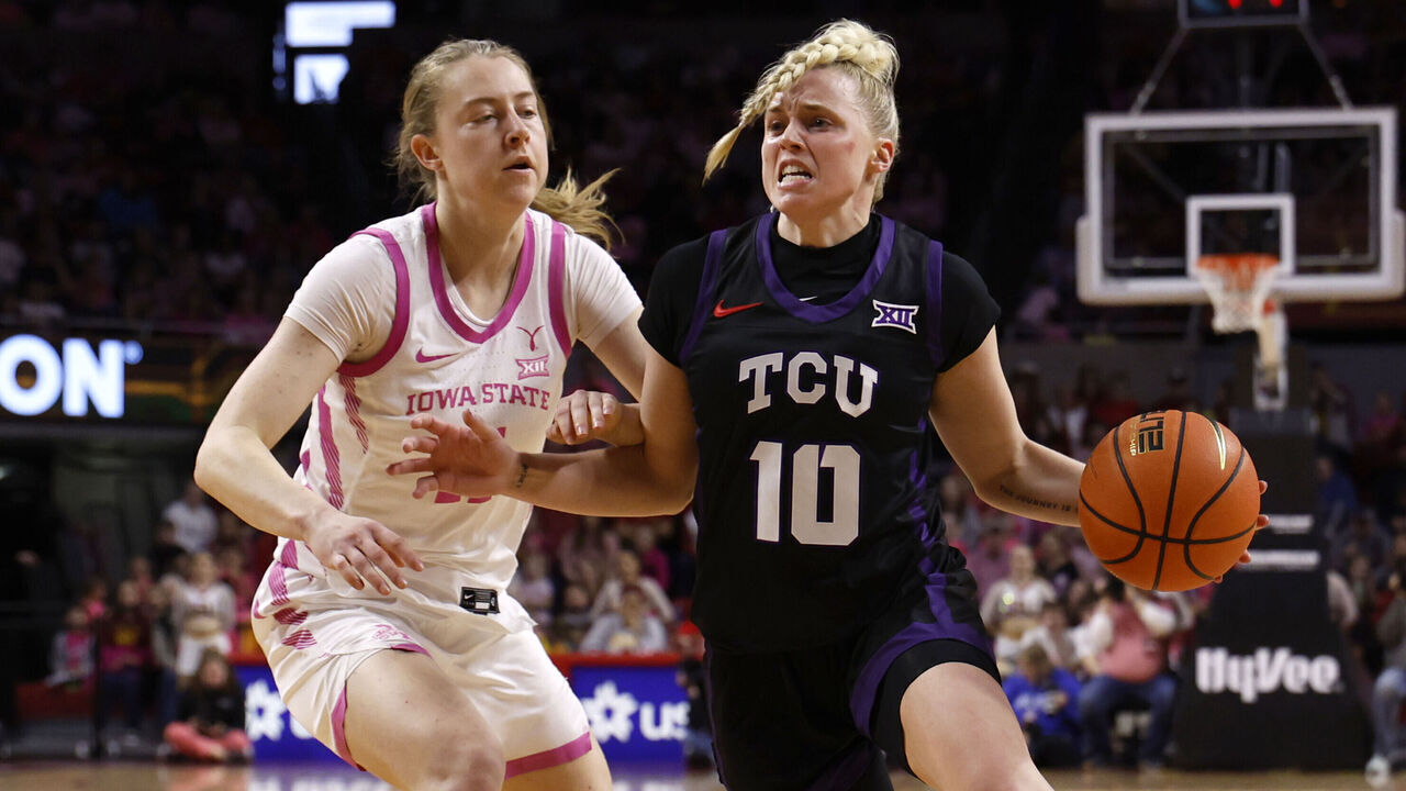 AMES, IA - FEBRUARY 02: Hailey Van Lith #10 of the TCU Horned Frogs drives the ball as Emily Ryan #11 of the Iowa State Cyclones puts pressure on in the second half of play at Hilton Coliseum on February 2, 2025, in Ames, Iowa. The TCU Horned Frogs won 82-69 over the Iowa State Cyclones.
