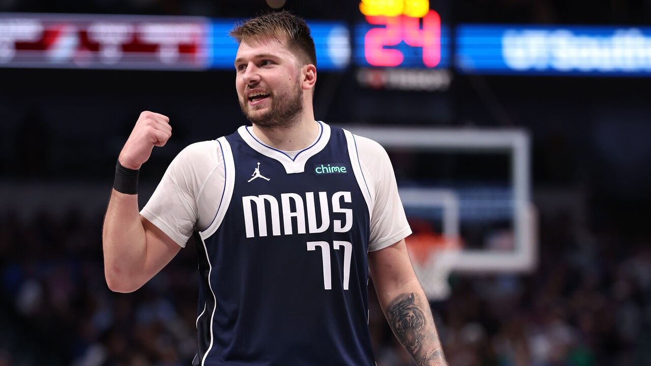 DALLAS, TEXAS - DECEMBER 23: Luka Doncic #77 of the Dallas Mavericks reacts during the second half against the Portland Trail Blazers at American Airlines Center on December 23, 2024 in Dallas, Texas. NOTE TO USER: User expressly acknowledges and agrees that, by downloading and/or using this photograph, user is consenting to the terms and conditions of the Getty Images License Agreement.