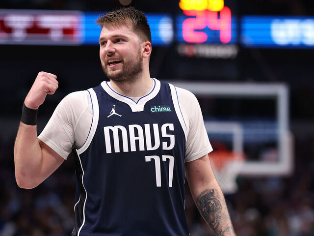 DALLAS, TEXAS - DECEMBER 23: Luka Doncic #77 of the Dallas Mavericks reacts during the second half against the Portland Trail Blazers at American Airlines Center on December 23, 2024 in Dallas, Texas. NOTE TO USER: User expressly acknowledges and agrees that, by downloading and/or using this photograph, user is consenting to the terms and conditions of the Getty Images License Agreement.