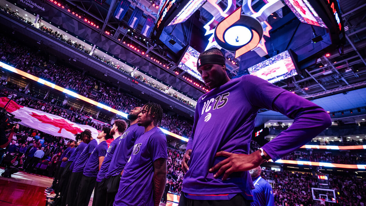 TORONTO, ON - NOVEMBER 2: Chris Boucher #25 of the Toronto Raptors looks on during the national anthem ahead of playing the Sacramento Kings ahead of their basketball game at the Scotiabank Arena on November 2, 2024 in Toronto, Ontario, Canada. NOTE TO USER: User expressly acknowledges and agrees that, by downloading and/or using this Photograph, user is consenting to the terms and conditions of the Getty Images License Agreement.