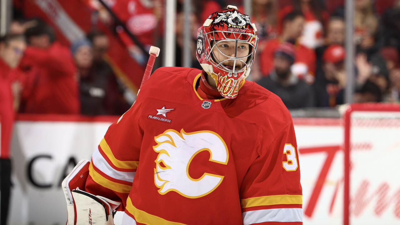 CALGARY, ALBERTA - FEBRUARY 01: Dustin Wolf #32 of the Calgary Flames skates against the Detroit Red Wings at the Scotiabank Saddledome on February 01, 2025 in Calgary, Alberta.