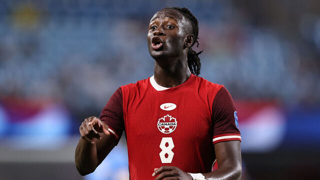 CHARLOTTE, NORTH CAROLINA - JULY 13: Ismael Kone of Canada reacts during the CONMEBOL Copa America 2024 third place match between Uruguay and Canada at Bank of America Stadium on July 13, 2024 in Charlotte, North Carolina.