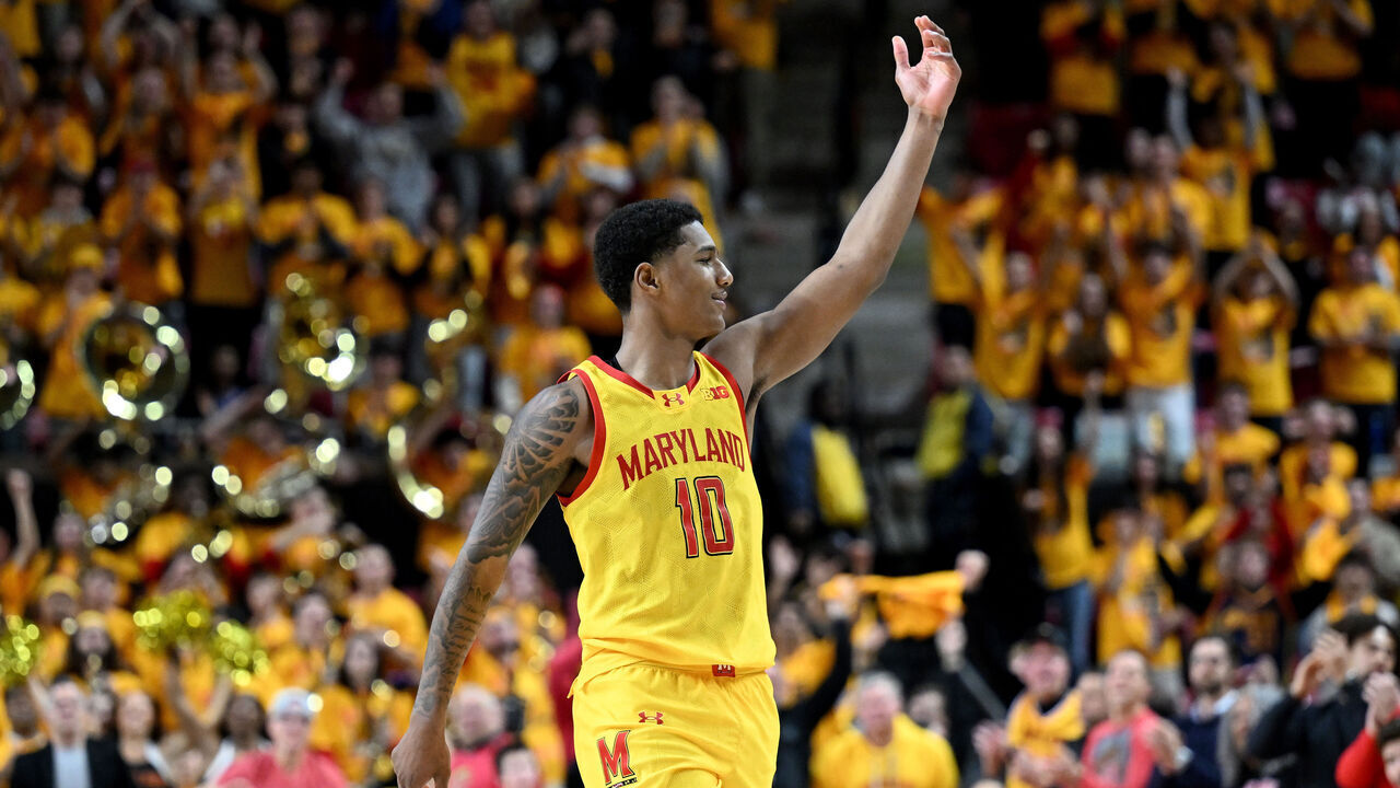 COLLEGE PARK, MARYLAND - JANUARY 29: Julian Reese #10 of the Maryland Terrapins celebrates after a 76-68 victory against the Wisconsin Badgers at Xfinity Center on January 29, 2025 in College Park, Maryland.