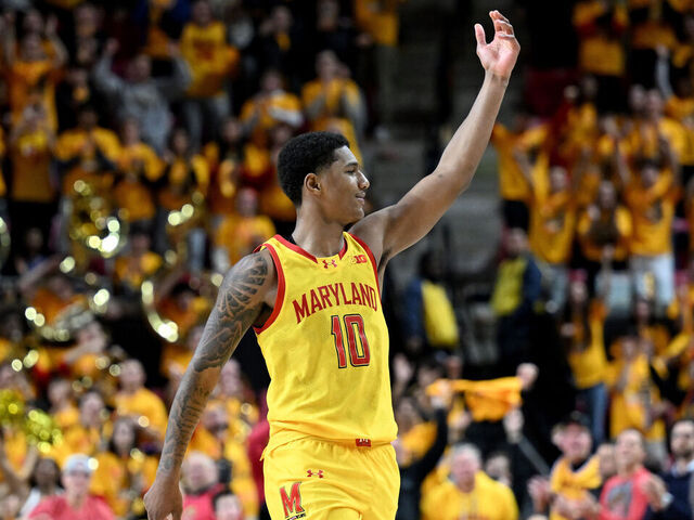 COLLEGE PARK, MARYLAND - JANUARY 29: Julian Reese #10 of the Maryland Terrapins celebrates after a 76-68 victory against the Wisconsin Badgers at Xfinity Center on January 29, 2025 in College Park, Maryland.