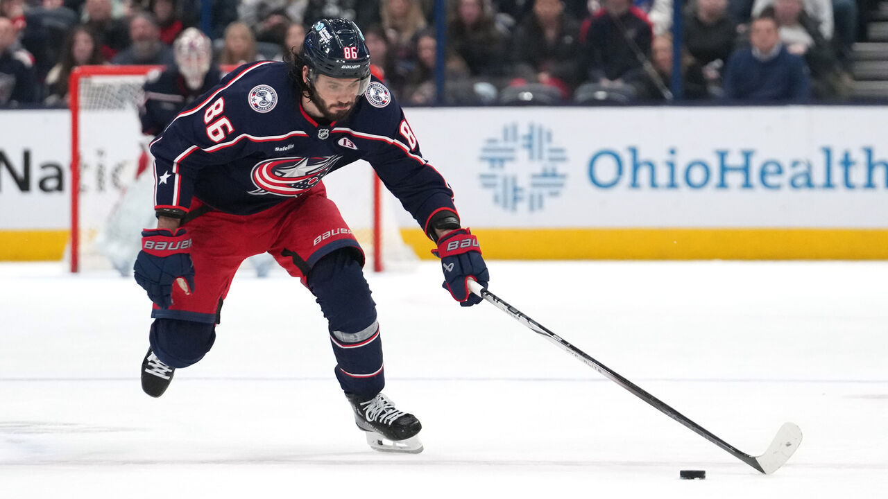 COLUMBUS, OHIO - JANUARY 25: Kirill Marchenko #86 of the Columbus Blue Jackets seen in action during the game against the Los Angeles Kings at Nationwide Arena on January 25, 2025 in Columbus, Ohio.