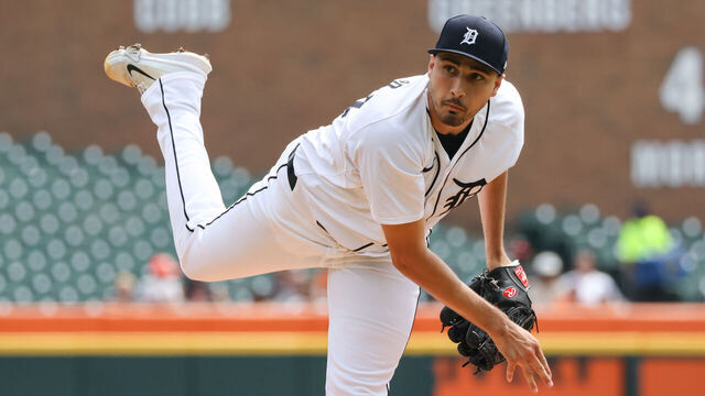 DETROIT, MI - AUGUST 15: Detroit Tigers starting pitcher Alex Faedo (49) pitches during the first inning of a regular season Major League Baseball game between the Seattle Mariners and the Detroit Tigers on August 15, 2024 at Comerica Park in Detroit, Michigan.