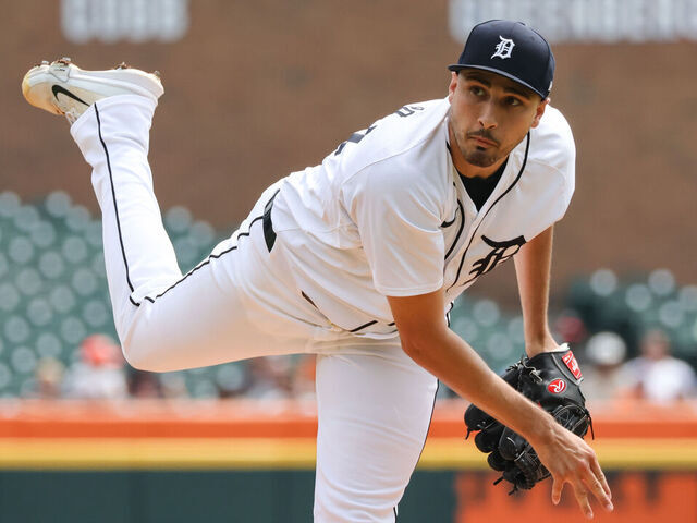 DETROIT, MI - AUGUST 15: Detroit Tigers starting pitcher Alex Faedo (49) pitches during the first inning of a regular season Major League Baseball game between the Seattle Mariners and the Detroit Tigers on August 15, 2024 at Comerica Park in Detroit, Michigan.