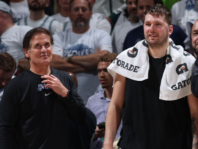 MINNEAPOLIS, MN - MAY 30: Mark Cuban and Luka Doncic #77 of the Dallas Mavericks look on during the game against the Minnesota Timberwolves during Game 5 of the Western Conference Finals during the 2024 NBA Playoffs on May 30, 2024 at Target Center in Minneapolis, Minnesota. Mandatory Copyright Notice: Copyright 2024 NBAE