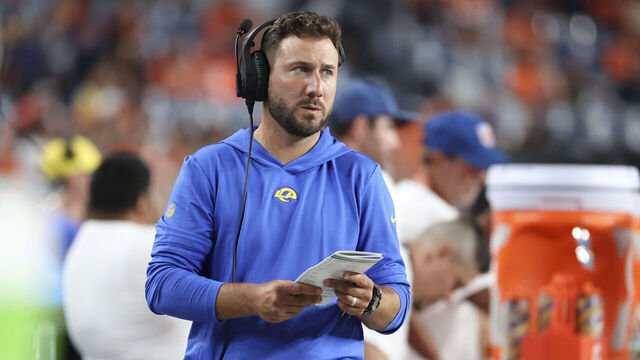 DENVER, COLORADO - AUGUST 26: Tight ends coach Nick Caley of the Los Angeles Rams looks on during the preseason game against the Denver Broncos at Empower Field At Mile High on August 26, 2023 in Denver, Colorado.