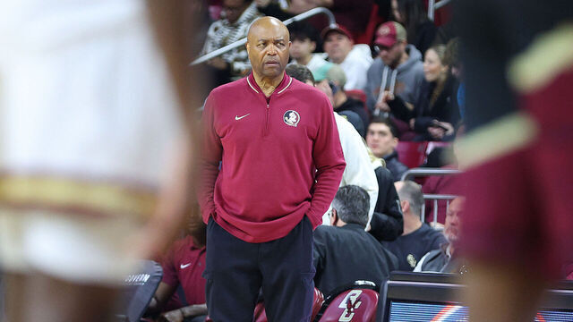 CHESTNUT HILL, MA - FEBRUARY 01: Florida State Seminoles head coach Leonard Hamilton looks on during the college basketball game between Florida State Seminoles and Boston College Eagles on February 1, 2025, at Conte Forum in Chestnut Hill, MA.