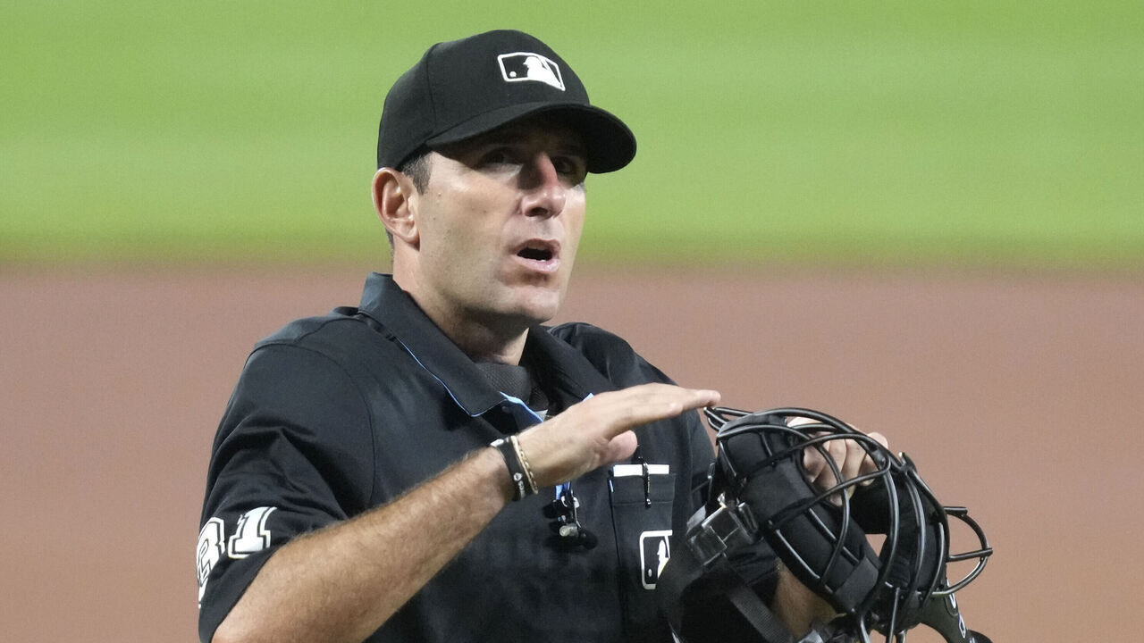 BALTIMORE, MARYLAND - JUNE 23: Umpire Pat Hoberg looks on during a baseball game between the Seattle Mariners and the Baltimore Orioles at Oriole Park at Camden Yards on June 23, 2023 in Baltimore, Maryland.