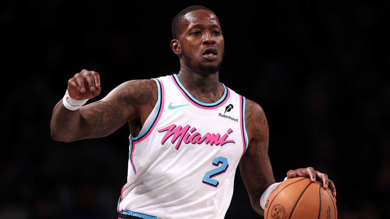 NEW YORK, NEW YORK - JANUARY 25: Terry Rozier #2 of the Miami Heat dribbles during the second half a at Barclays Center on January 25, 2025 in New York City.