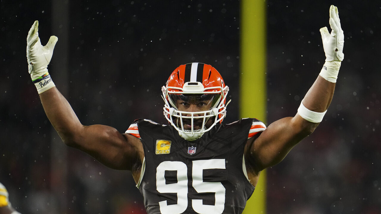 CLEVELAND, OH - NOVEMBER 21: Myles Garrett #95 of the Cleveland Browns celebrates during an NFL football game against the Pittsburgh Steelers at Huntington Bank Field on November 21, 2024 in Cleveland, Ohio.