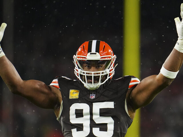 CLEVELAND, OH - NOVEMBER 21: Myles Garrett #95 of the Cleveland Browns celebrates during an NFL football game against the Pittsburgh Steelers at Huntington Bank Field on November 21, 2024 in Cleveland, Ohio.