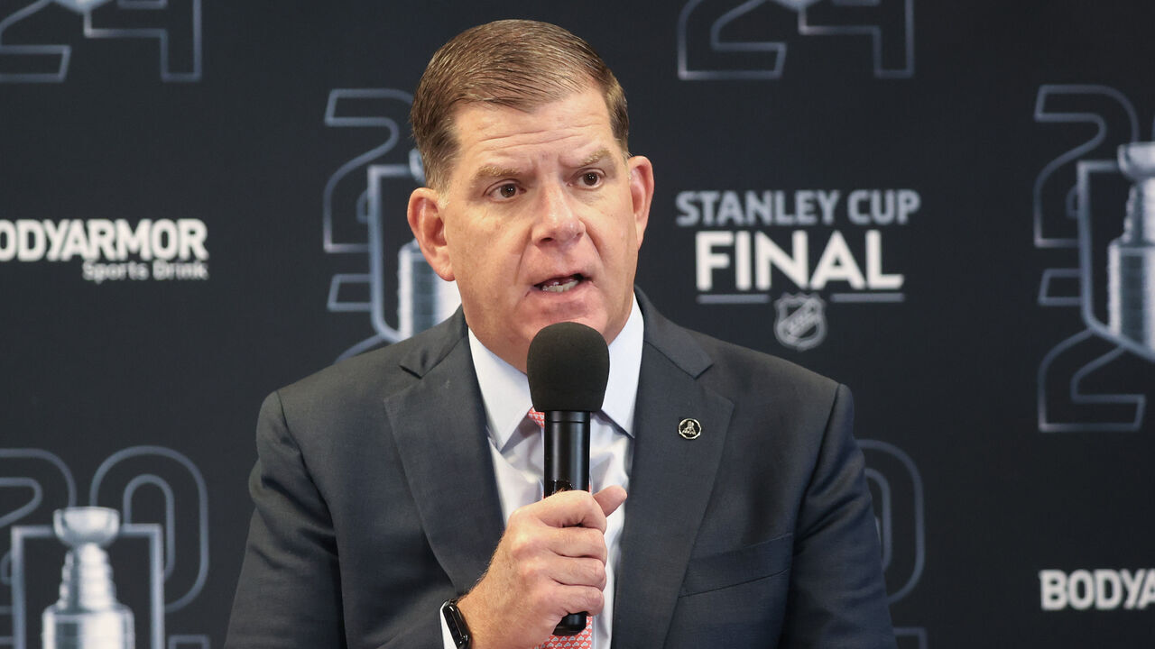 SUNRISE, FLORIDA - JUNE 08: NHL Players Association Executive Director Marty Walsh speaks to media prior to Game One of the 2024 Stanley Cup Final between the Florida Panthers and the Edmonton Oilers at Amerant Bank Arena on June 08, 2024 in Sunrise, Florida.