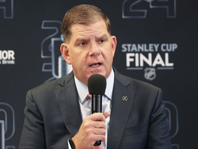 SUNRISE, FLORIDA - JUNE 08: NHL Players Association Executive Director Marty Walsh speaks to media prior to Game One of the 2024 Stanley Cup Final between the Florida Panthers and the Edmonton Oilers at Amerant Bank Arena on June 08, 2024 in Sunrise, Florida.