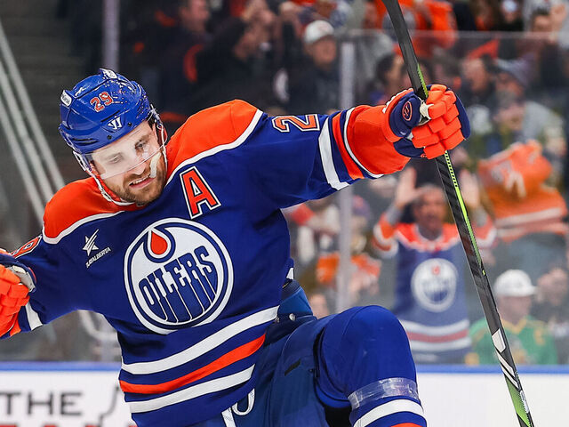 EDMONTON, AB - JANUARY 03 Edmonton Oilers Center Leon Draisaitl (29) celebrates his game winning goal in the third period of the Edmonton Oilers game versus the Anaheim Ducks on January 03, 2025 at Rogers Place in Edmonton, AB.