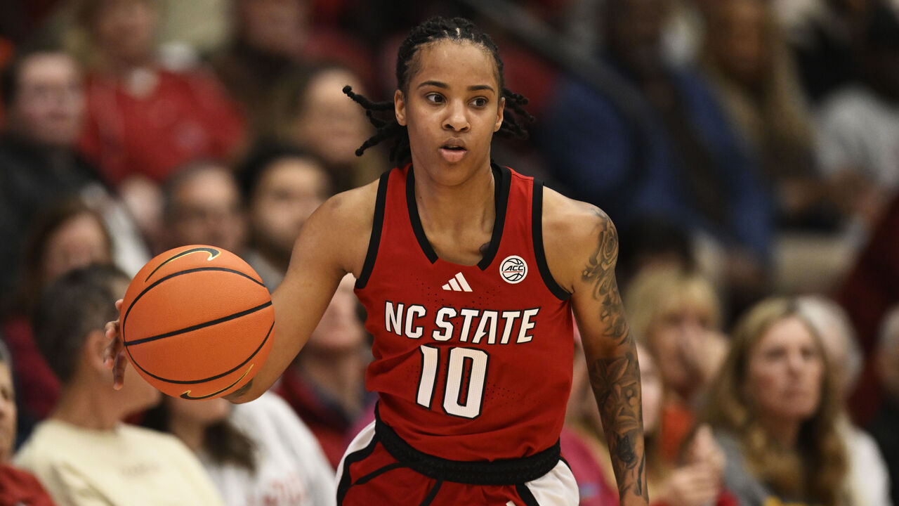 PALO ALTO, CALIFORNIA - JANUARY 12: Aziaha James #10 of the NC State Wolfpack dribbles against the Stanford Cardinal in the fourth quarter at Stanford Maples Pavilion on January 12, 2025 in Palo Alto, California.
