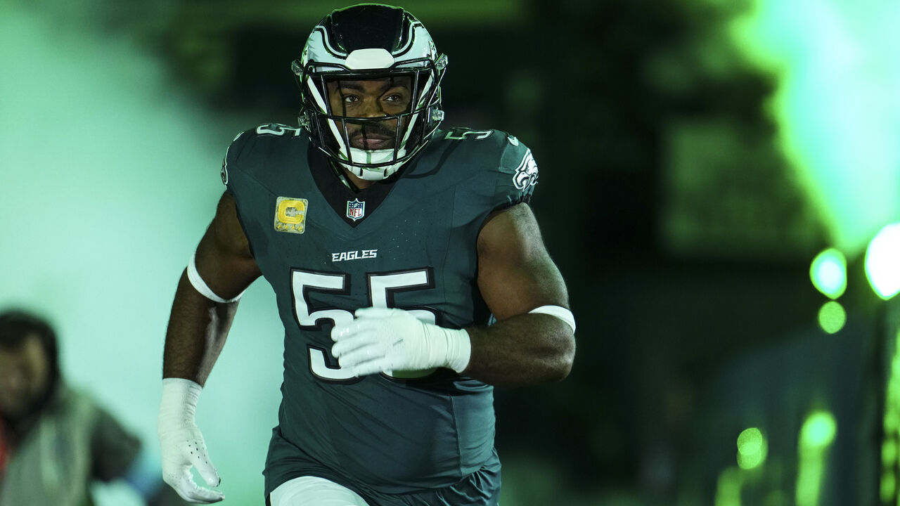 PHILADELPHIA, PA - NOVEMBER 14: Brandon Graham #55 of the Philadelphia Eagles runs out of the tunnel prior to an NFL football game against the Washington Commanders at Lincoln Financial Field on November 14, 2024 in Philadelphia, Pennsylvania.