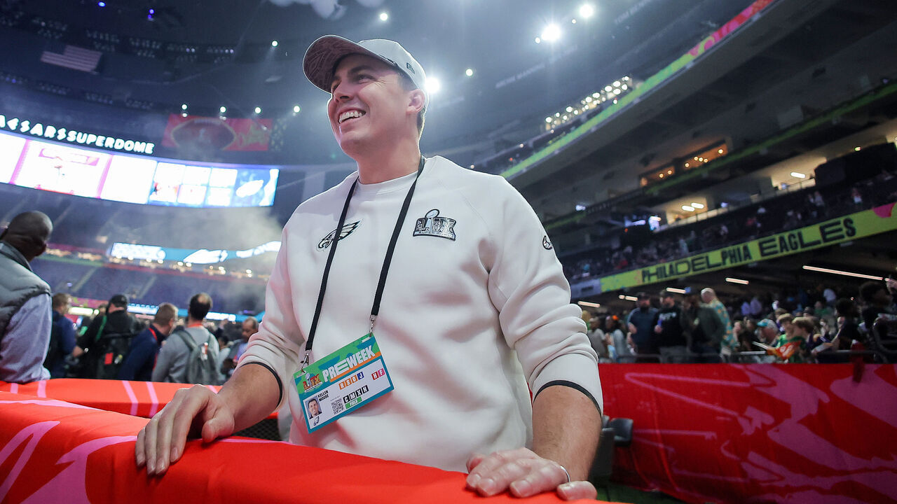 NEW ORLEANS, LOUISIANA - FEBRUARY 03: Kellen Moore, offensive coordinator for the Philadelphia Eagles, looks on during Super Bowl LIX Opening Night at Caesars Superdome on February 03, 2025 in New Orleans, Louisiana.