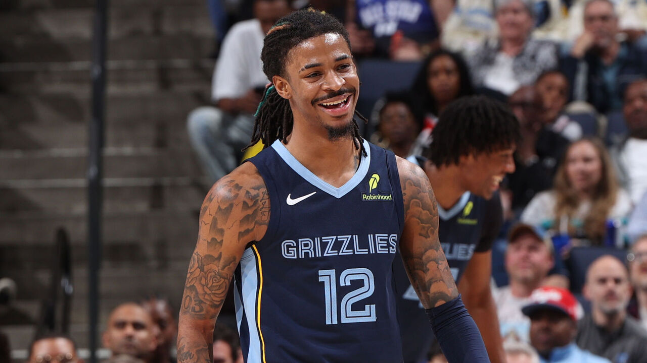MEMPHIS, TN - FEBRUARY 3: Ja Morant #12 of the Memphis Grizzlies smiles during the game against the San Antonio Spurs on February 3, 2025 at FedExForum in Memphis, Tennessee. Mandatory Copyright Notice: Copyright 2025 NBAE