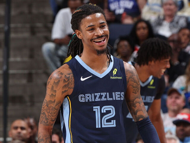 MEMPHIS, TN - FEBRUARY 3: Ja Morant #12 of the Memphis Grizzlies smiles during the game against the San Antonio Spurs on February 3, 2025 at FedExForum in Memphis, Tennessee. Mandatory Copyright Notice: Copyright 2025 NBAE
