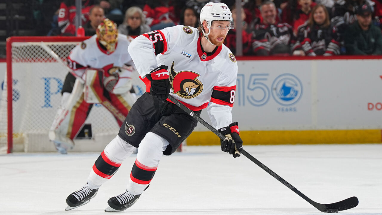 NEWARK, NJ - JANUARY 19: Jake Sanderson #85 of the Ottawa Senators skates in the second period of the game against the New Jersey Devils at the Prudential Center on January 19, 2025 in Newark, New Jersey.