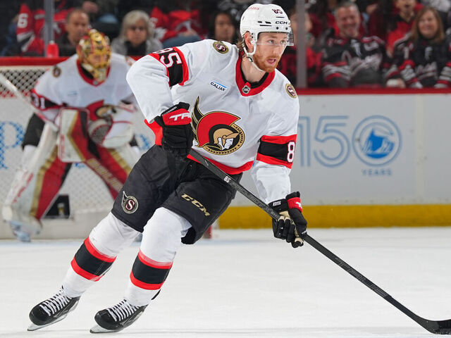 NEWARK, NJ - JANUARY 19: Jake Sanderson #85 of the Ottawa Senators skates in the second period of the game against the New Jersey Devils at the Prudential Center on January 19, 2025 in Newark, New Jersey.