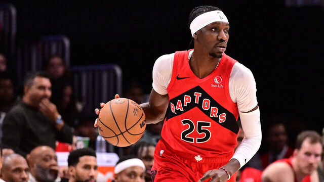 ATLANTA, GA - JANUARY 23: Chris Boucher #25 of the Toronto Raptors dribbles the ball during the game against the Atlanta Hawks on January 23, 2025 at State Farm Arena in Atlanta, Georgia. NOTE TO USER: User expressly acknowledges and agrees that, by downloading and/or using this Photograph, user is consenting to the terms and conditions of the Getty Images License Agreement. Mandatory Copyright Notice: Copyright 2025 NBAE