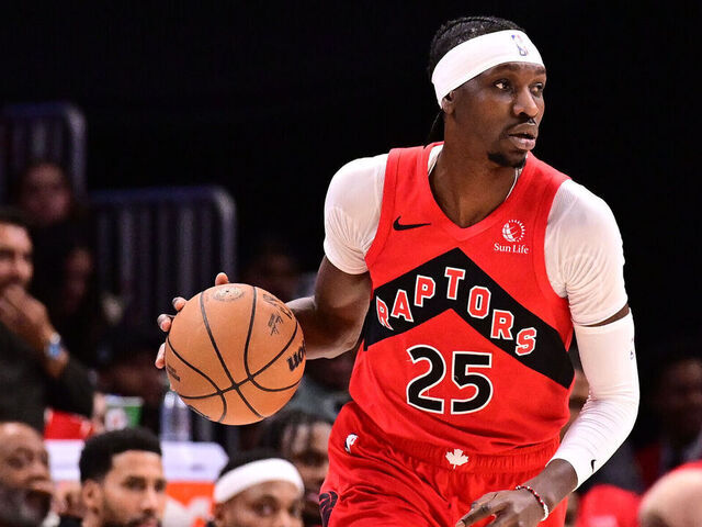 ATLANTA, GA - JANUARY 23: Chris Boucher #25 of the Toronto Raptors dribbles the ball during the game against the Atlanta Hawks on January 23, 2025 at State Farm Arena in Atlanta, Georgia. NOTE TO USER: User expressly acknowledges and agrees that, by downloading and/or using this Photograph, user is consenting to the terms and conditions of the Getty Images License Agreement. Mandatory Copyright Notice: Copyright 2025 NBAE